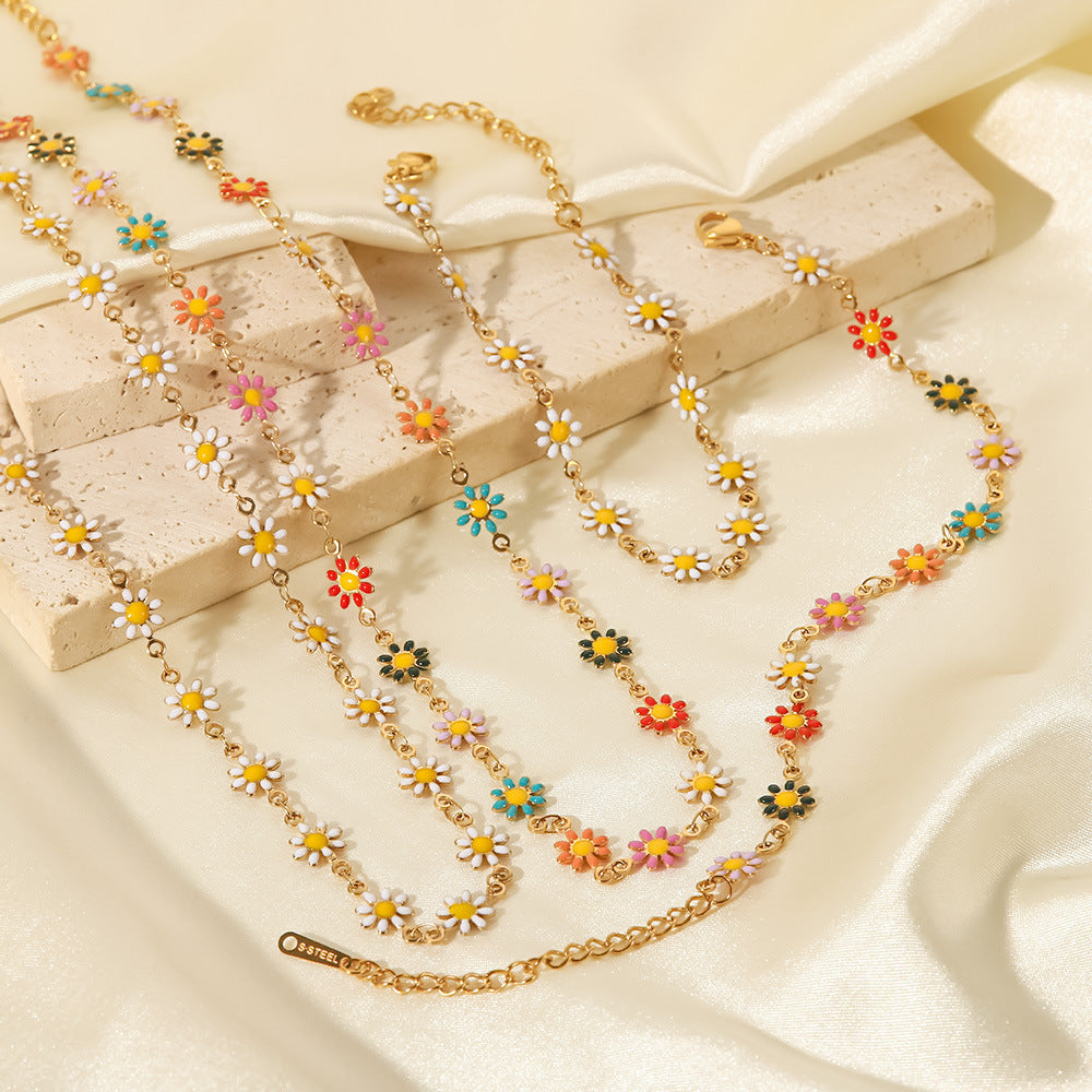 SISSLIA 2024 Cross-Border New Titanium Steel 18K Gold White/Color Small Daisy Chain Necklace for Women