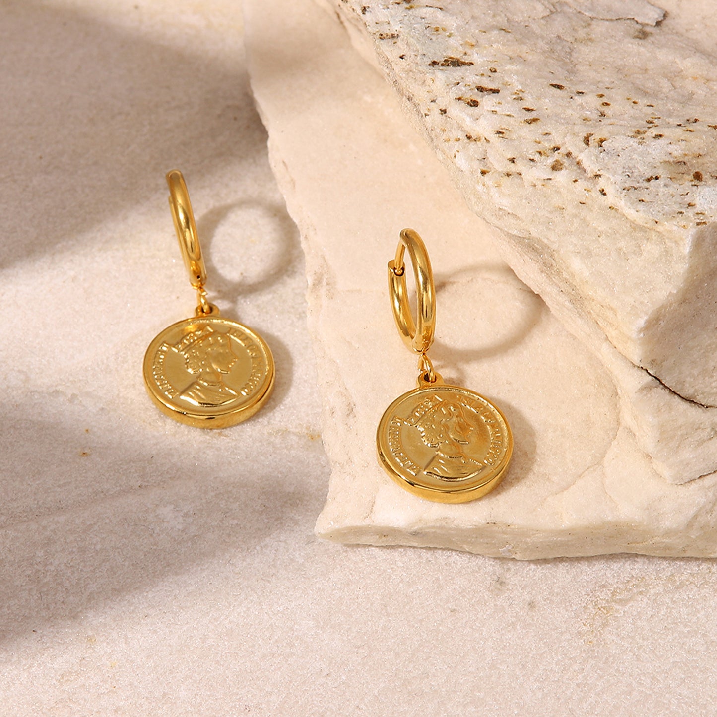 SISSLIA Gold Stainless steel Queen Elizabeth Head Coin Pendant Earrings for Women