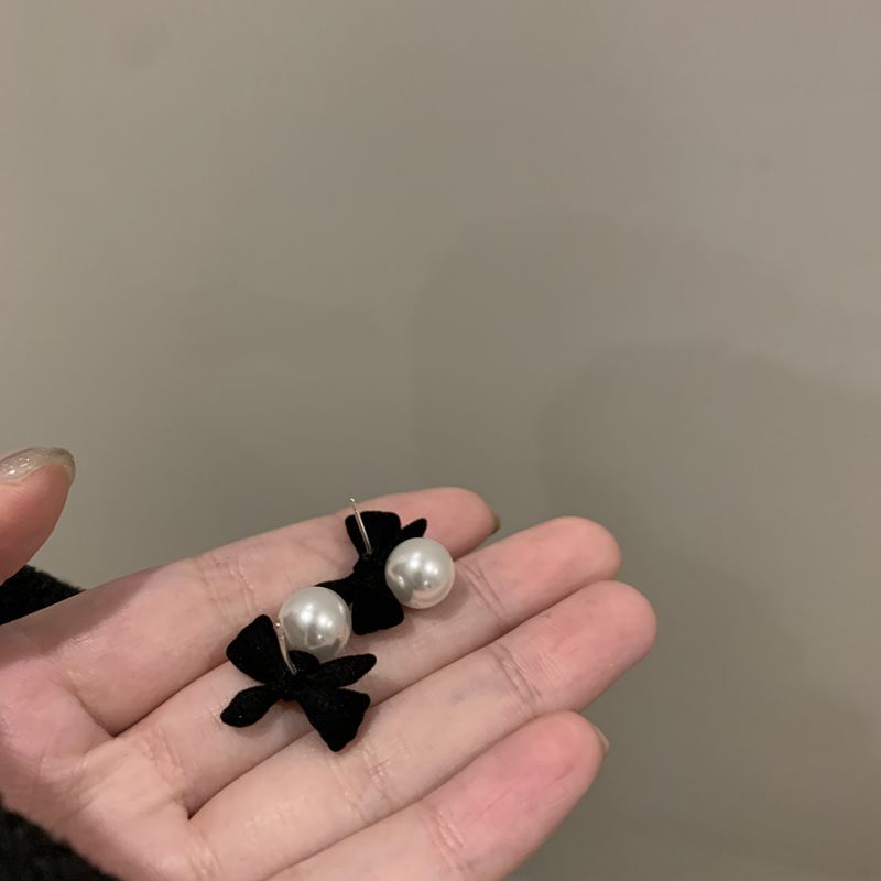 SIsslia 925 Silver Needle Black Flocking Bow Pearl High Quality Women's Earrings for Women