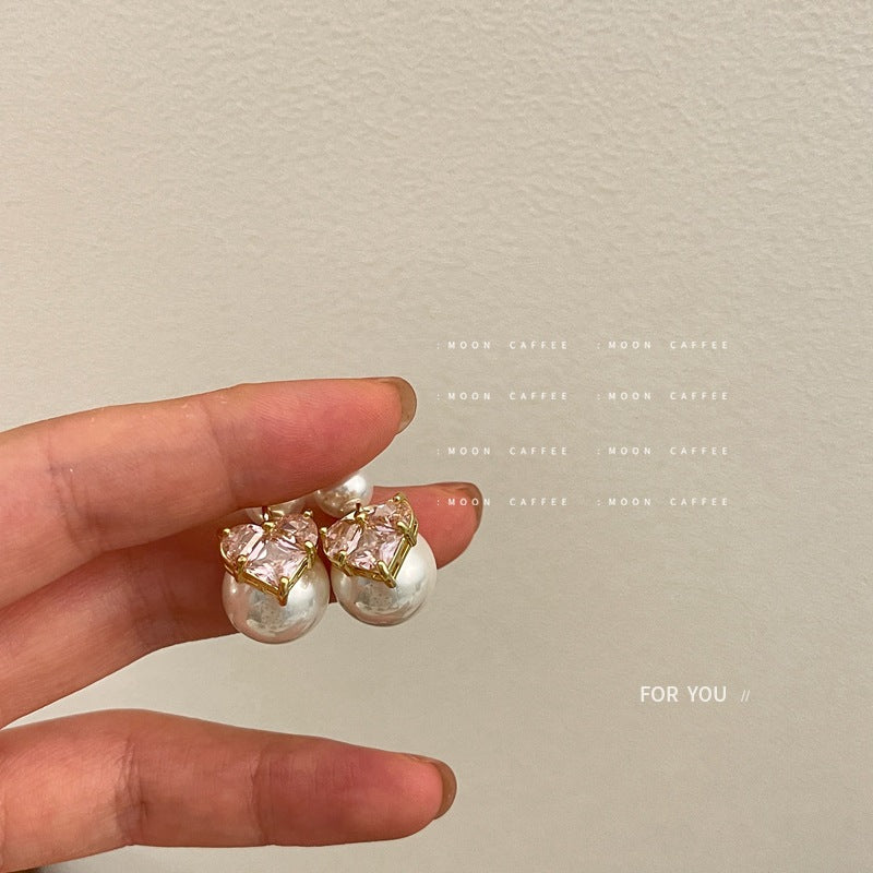 SIsslia 925 Silver Needle Light Luxury Heavy Industry Pearl Pink Zircon Love French Style Retro Earrings for Women