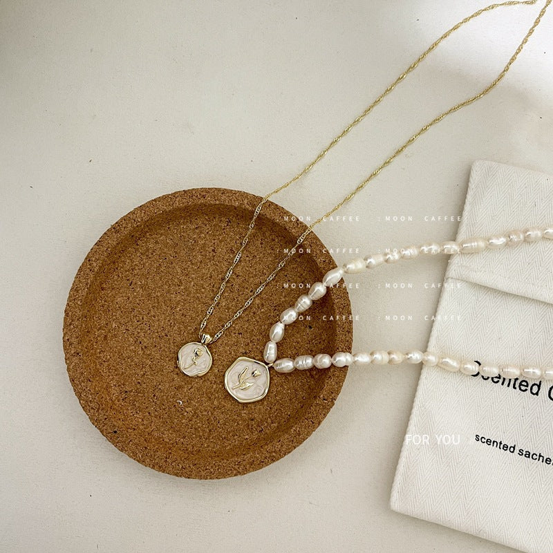 SISSLIA Elegant Pearl White Enamel Vintage Rose Gold Coin Freshwater Necklace for Women