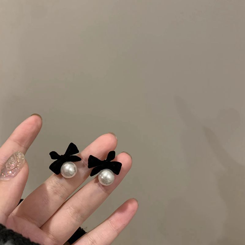 SIsslia 925 Silver Needle Black Flocking Bow Pearl High Quality Women's Earrings for Women