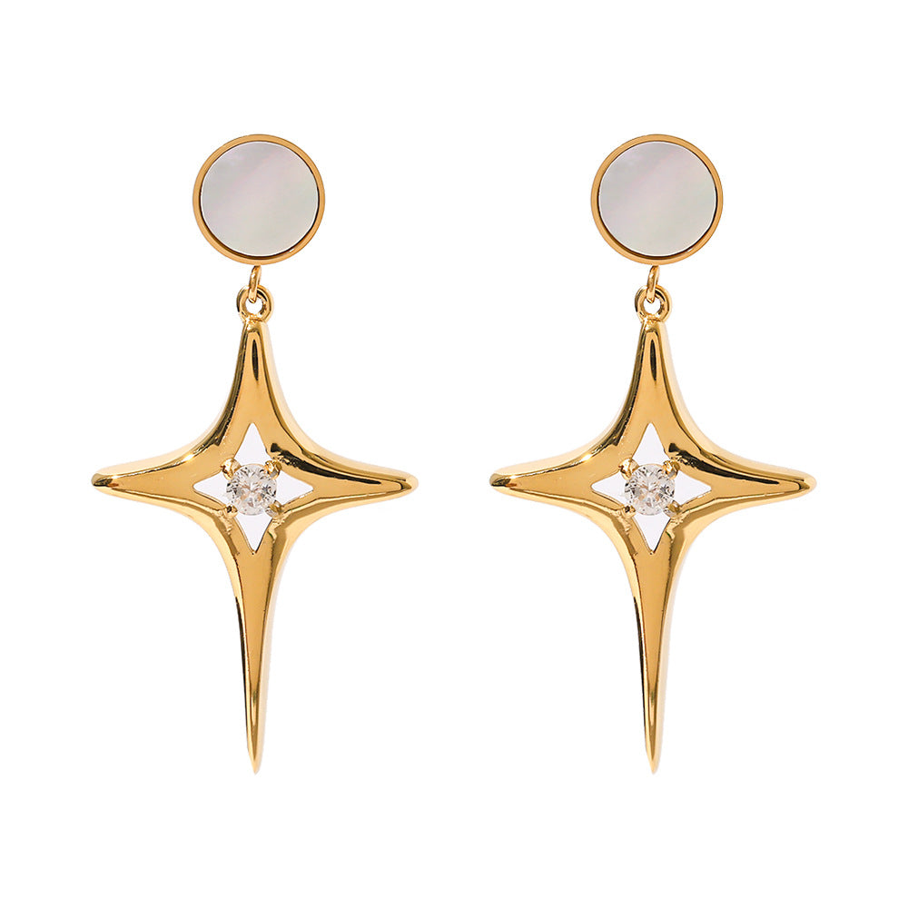 SISSLIA Titanium Steel 16K Gold Plated Star Zircon White Shell Cross Earrings for Women
