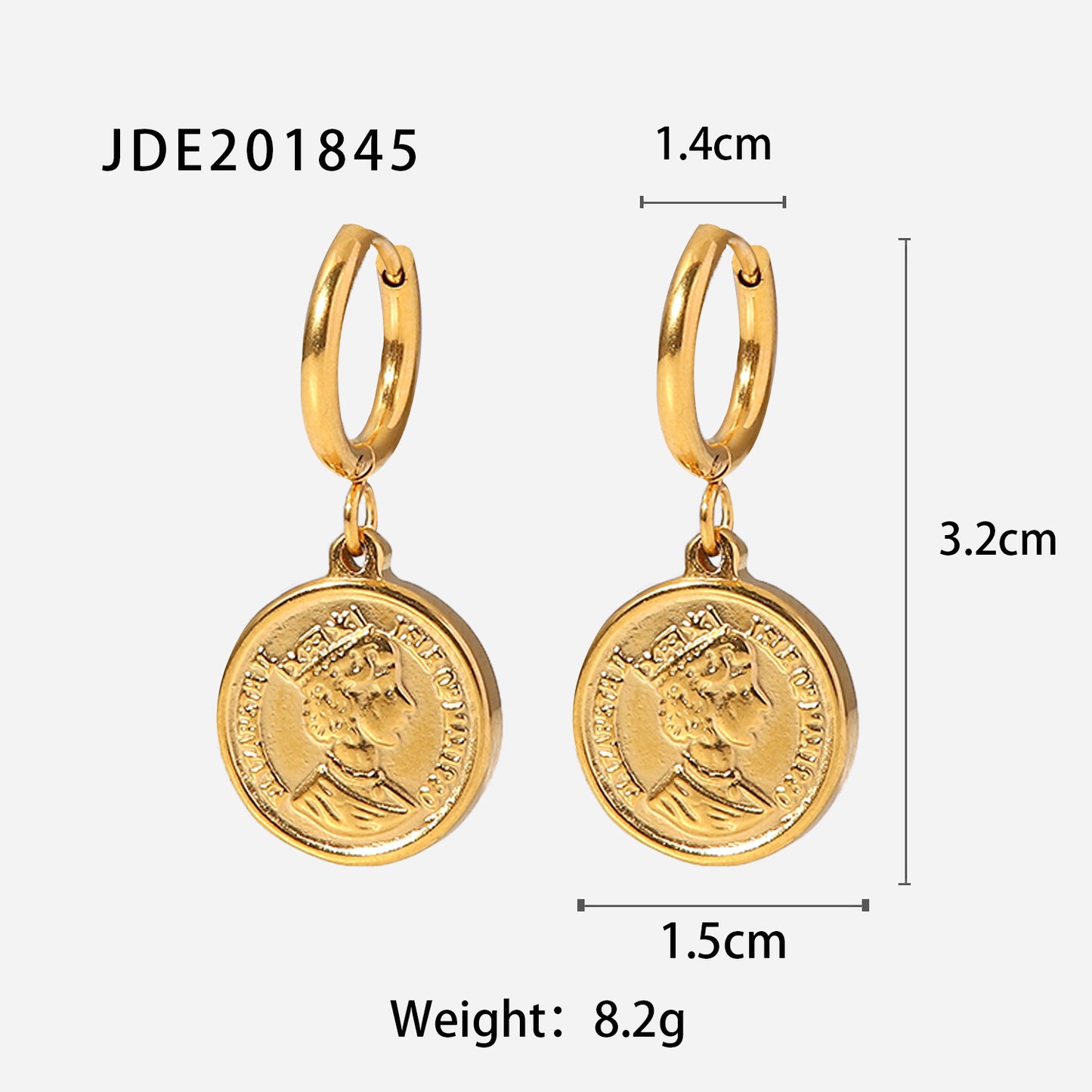 SISSLIA Gold Stainless steel Queen Elizabeth Head Coin Pendant Earrings for Women