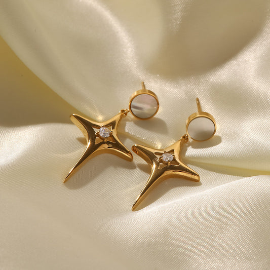 SISSLIA Titanium Steel 16K Gold Plated Star Zircon White Shell Cross Earrings for Women