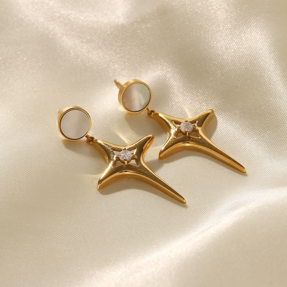 SISSLIA Titanium Steel 16K Gold Plated Star Zircon White Shell Cross Earrings for Women