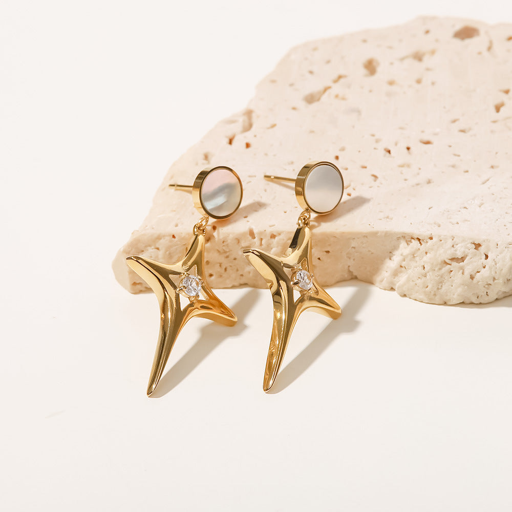 SISSLIA Titanium Steel 16K Gold Plated Star Zircon White Shell Cross Earrings for Women