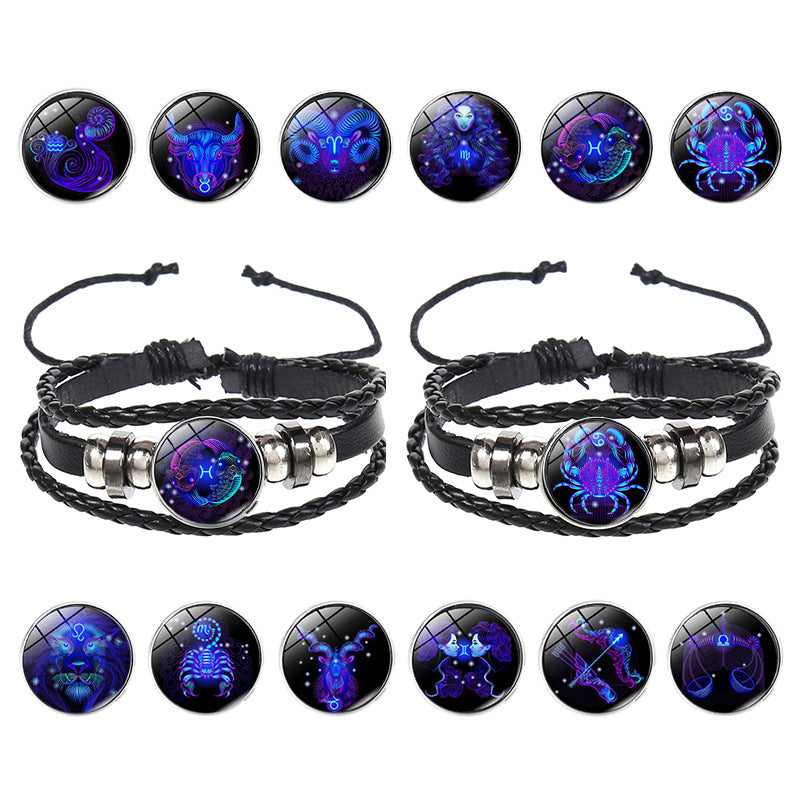 SISSLIA12 Constellation Luminous Bracelet men Leather Bracelet Charms Bracelets Aries Pisces Aquarius Leo Scorpio Libra jewelry