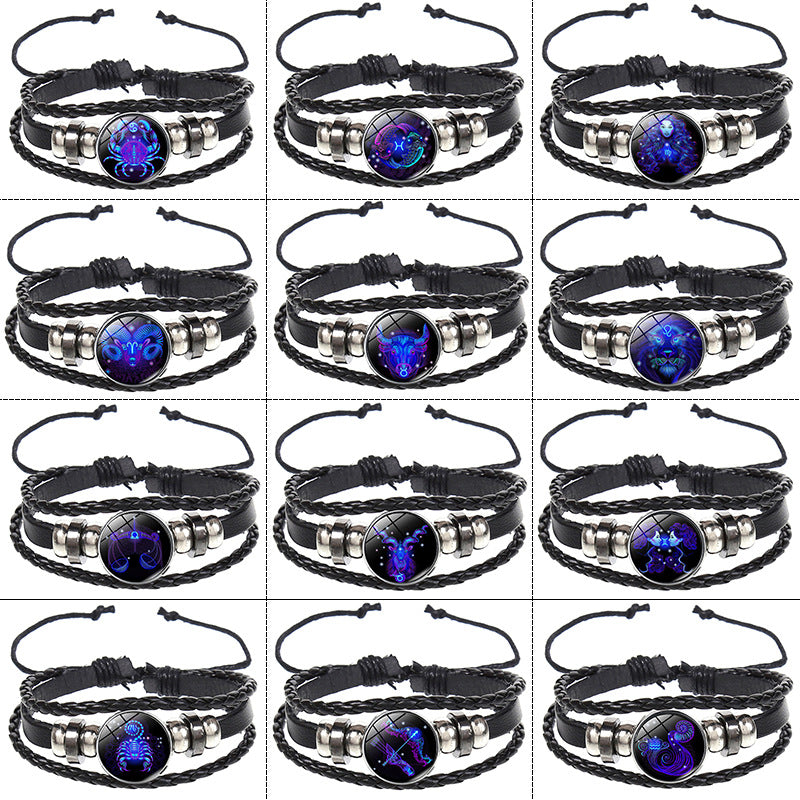 SISSLIA12 Constellation Luminous Bracelet men Leather Bracelet Charms Bracelets Aries Pisces Aquarius Leo Scorpio Libra jewelry