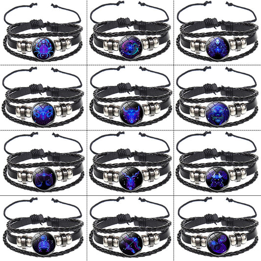 SISSLIA12 Constellation Luminous Bracelet men Leather Bracelet Charms Bracelets Aries Pisces Aquarius Leo Scorpio Libra jewelry