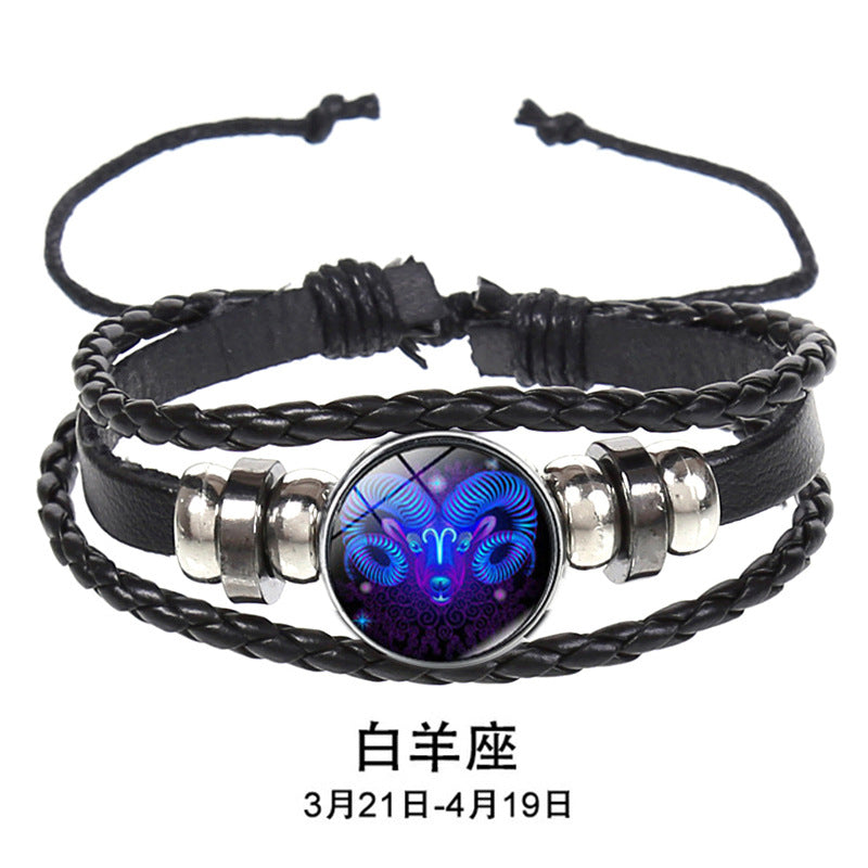 SISSLIA12 Constellation Luminous Bracelet men Leather Bracelet Charms Bracelets Aries Pisces Aquarius Leo Scorpio Libra jewelry
