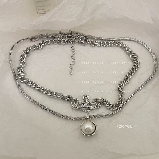 SISSLIA Silver Saturn Shape Inlaid Small Diamond Gold Plated Thick Chain Stack Necklace for Women