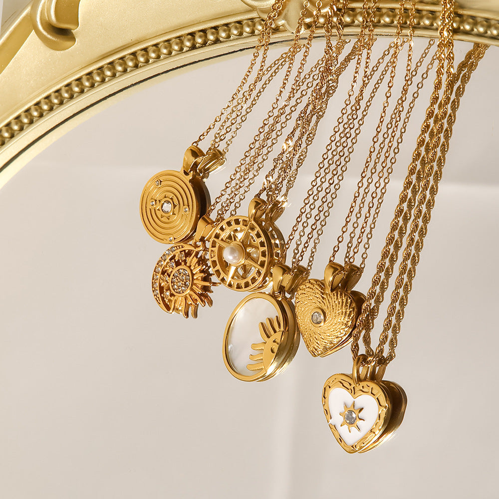 Sisslia Vintage 18K Gold Stainless Steel Various Style Natural Shell Heart Sun Moon Round Coin Medallion Pendant Necklaces