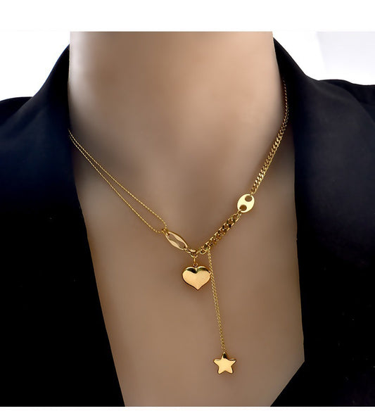 SISSLIA Hot Sale Fashion Gold Stainless Steel Necklace Hip Hop Star Tassels Heart Pendant Necklace For Women