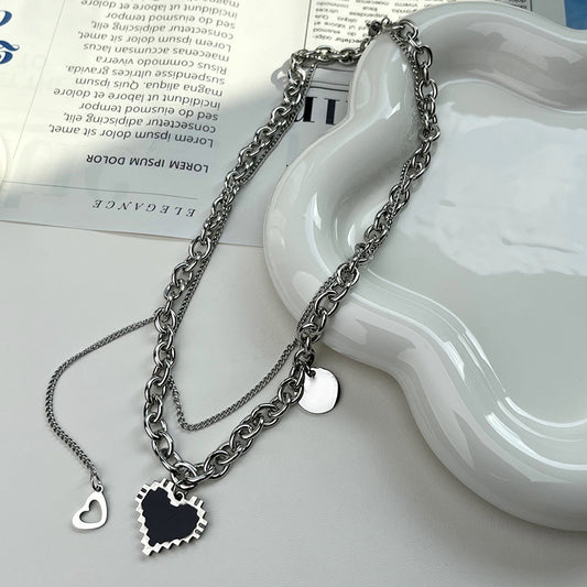 SISSLIA Fashion Stainless Steel Heart Shape Pendant Necklace Double Layer Clavicle Necklace For Women