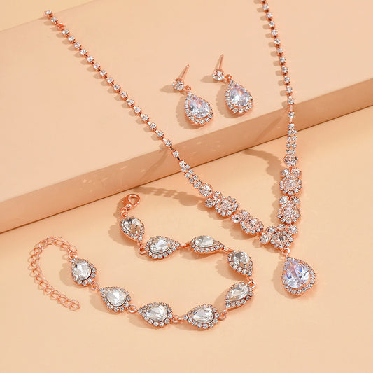 SISSLIA Trendy Rhinestone Water Drop Pendant Necklace Earrings Needle Jewelry Sets 925 Sterling Silver Set For Women