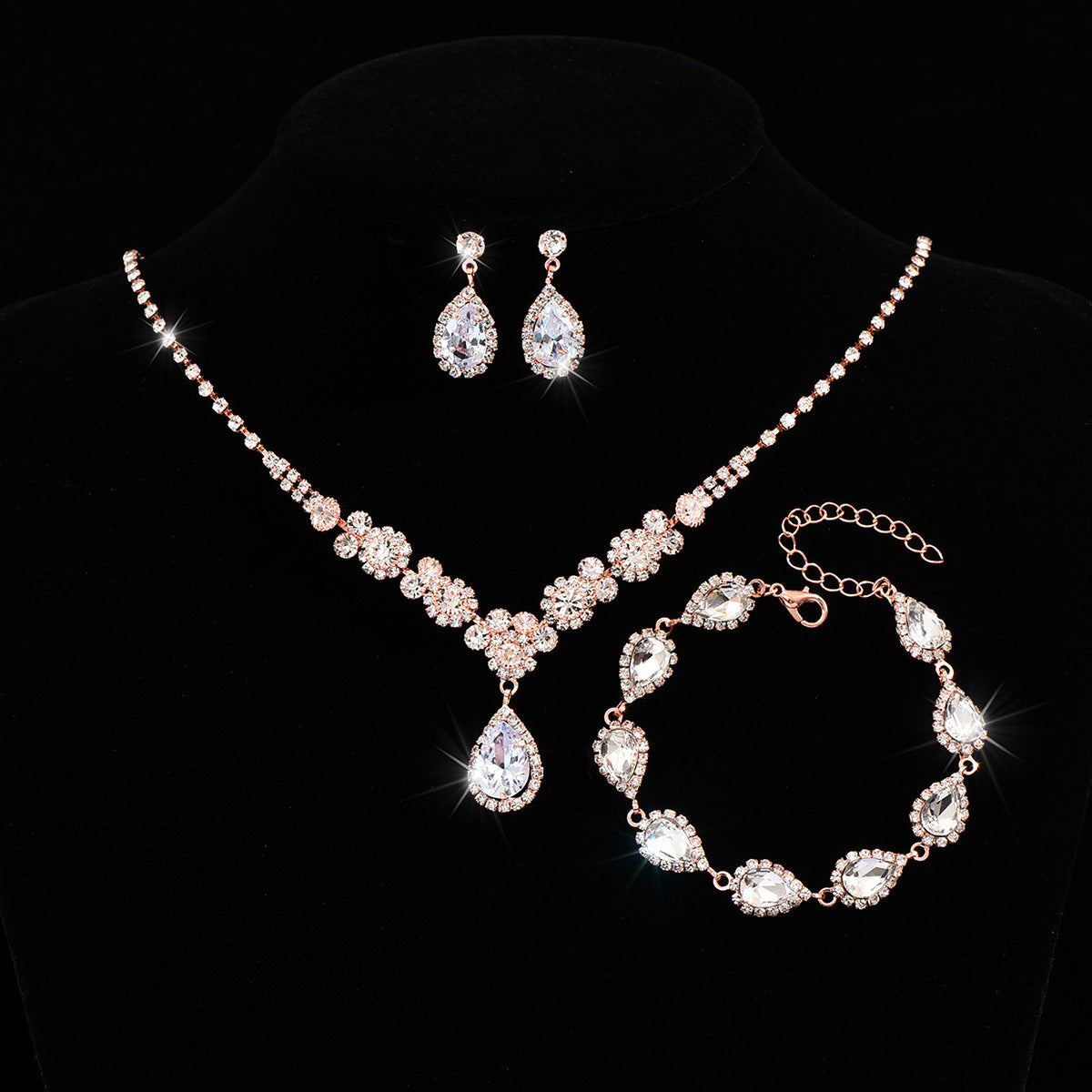 SISSLIA Trendy Rhinestone Water Drop Pendant Necklace Earrings Needle Jewelry Sets 925 Sterling Silver Set For Women