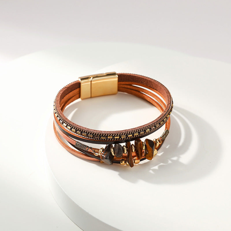 Natural Beaded Leather Clasp Bracelets
