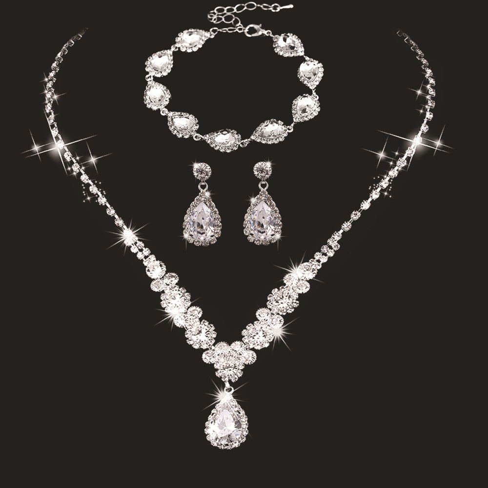 SISSLIA Trendy Rhinestone Water Drop Pendant Necklace Earrings Needle Jewelry Sets 925 Sterling Silver Set For Women