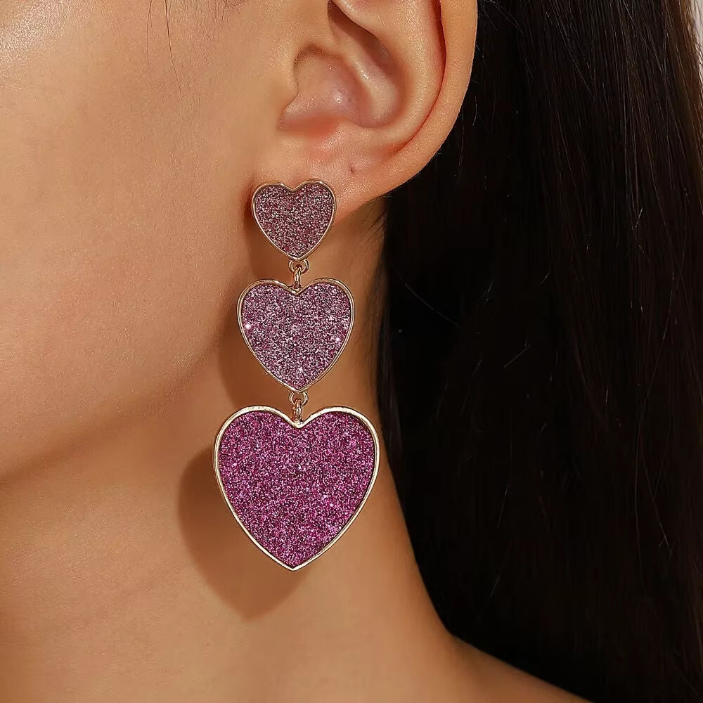 SISSLIA BEST SELLER Chic Enamel Long Love Heart Letter Earrings Gold Triple Row Pink Glitter Drop Earrings for Women for Valentine