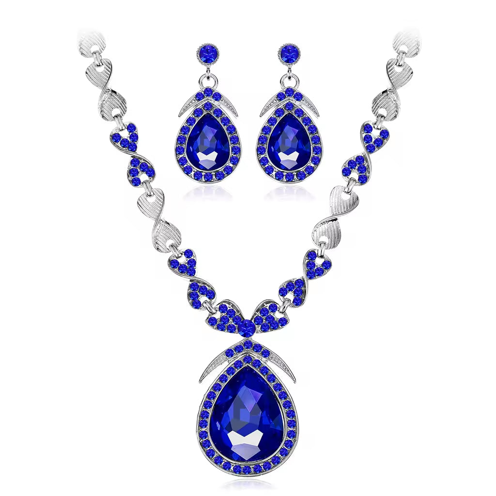 Luxury Royal Blue Crystal Bridal Necklace Sets For Women Jewelry Wedding Sets