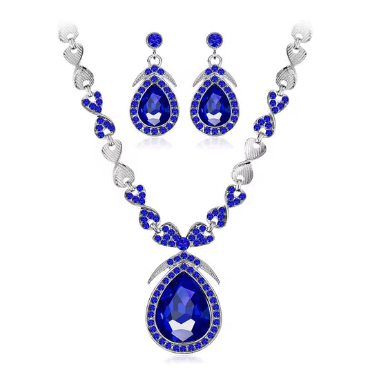 Luxury Royal Blue Crystal Bridal Necklace Sets For Women Jewelry Wedding Sets