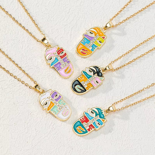 Fashion Style Dripping Oil Portrait Necklace Gold Plated Colorful CZ Cartoon Portrait Slippers Pendant Necklace
