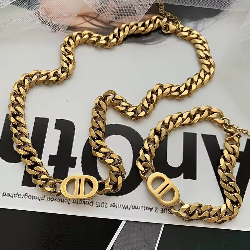 SISSLIA Titanium Steel Letters Gold Thick Chain Hip Hop Cuban Collarbone Chain For Women