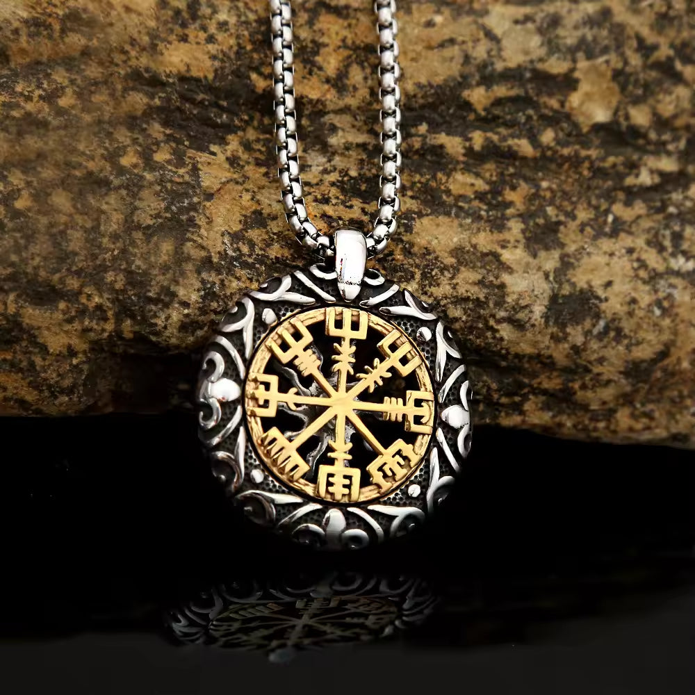 SISSLIA Norse Rune Vikings Compass Trident Necklaces Vintage Men Stainless Steel Hollow Out Sun Amulet Pendant Jewelry