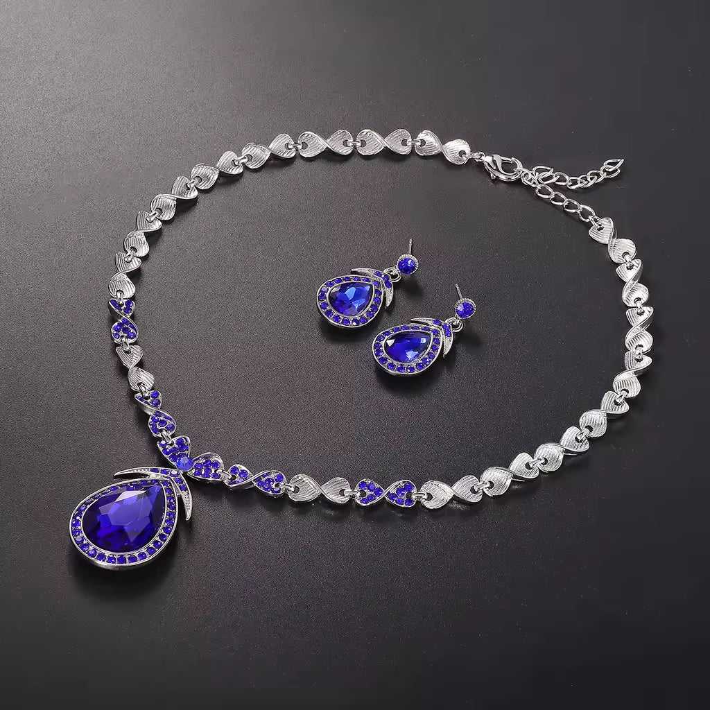 Luxury Royal Blue Crystal Bridal Necklace Sets For Women Jewelry Wedding Sets