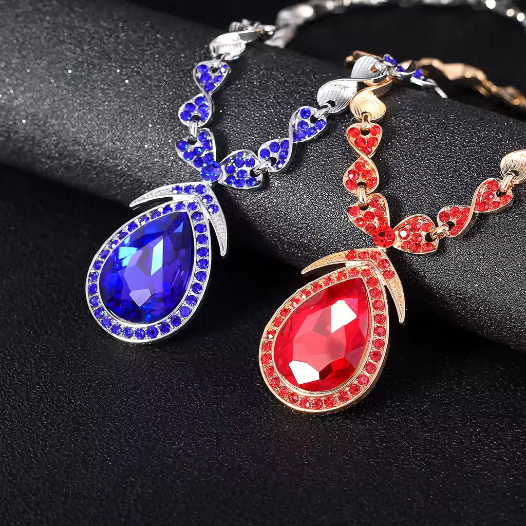 Luxury Royal Blue Crystal Bridal Necklace Sets For Women Jewelry Wedding Sets