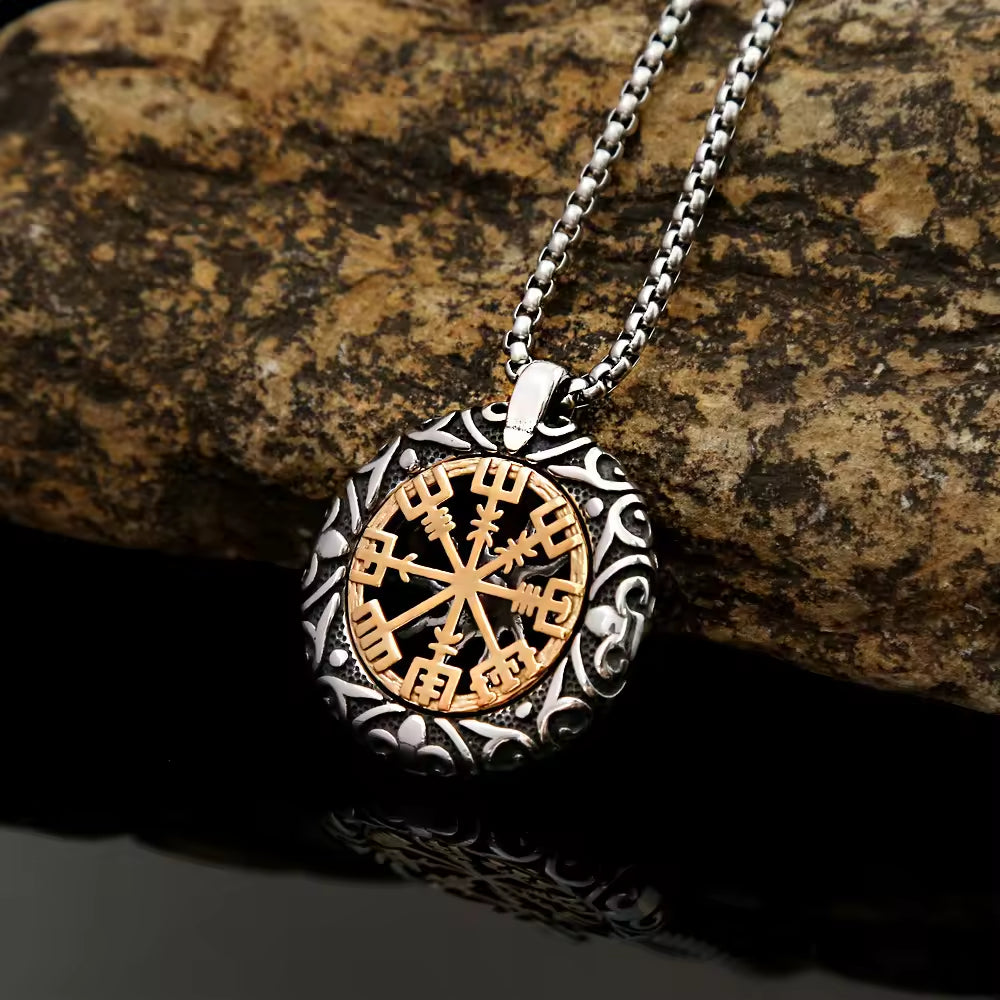 SISSLIA Norse Rune Vikings Compass Trident Necklaces Vintage Men Stainless Steel Hollow Out Sun Amulet Pendant Jewelry