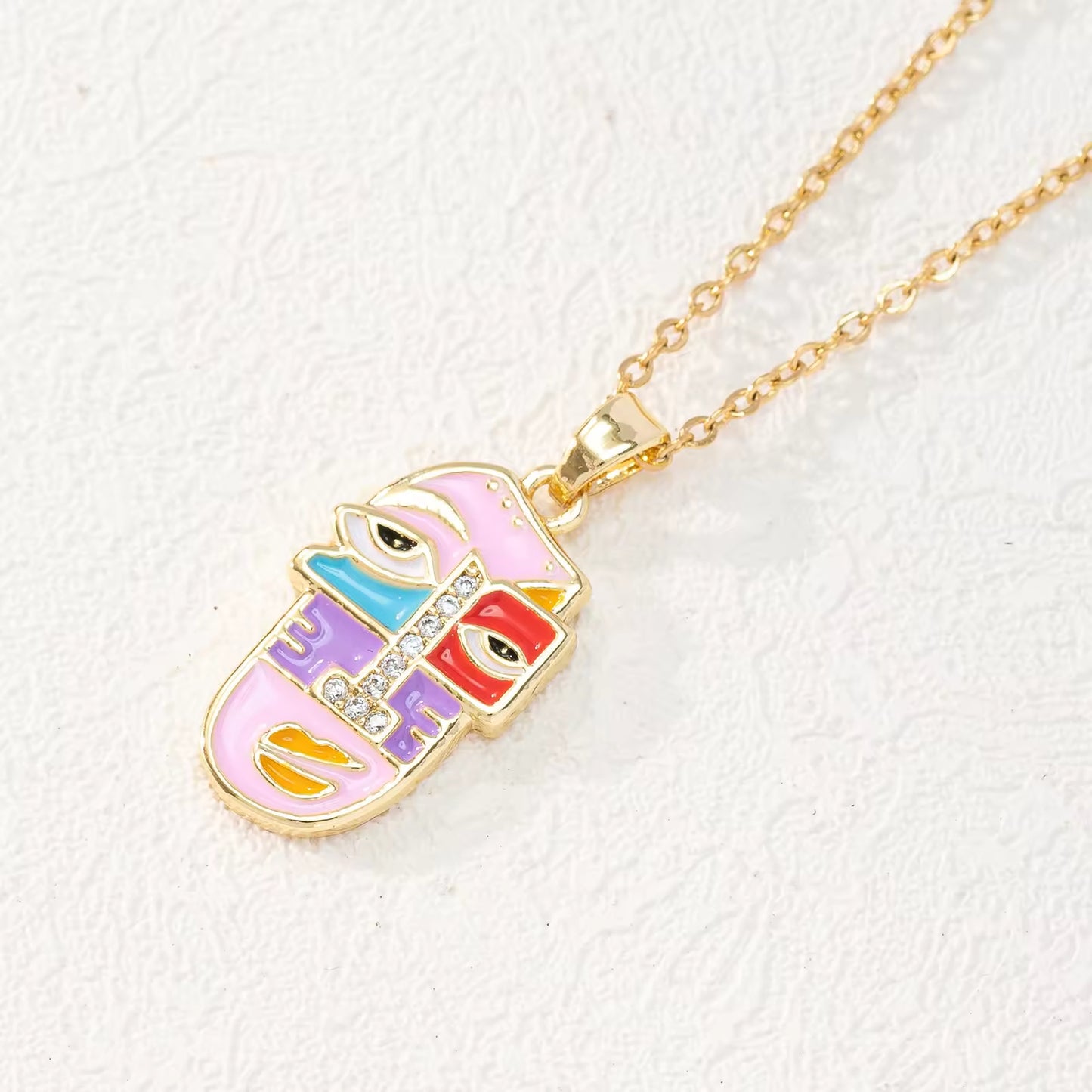 Fashion Style Dripping Oil Portrait Necklace Gold Plated Colorful CZ Cartoon Portrait Slippers Pendant Necklace