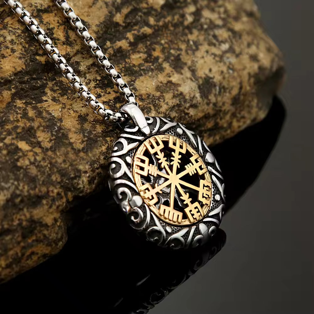 SISSLIA Norse Rune Vikings Compass Trident Necklaces Vintage Men Stainless Steel Hollow Out Sun Amulet Pendant Jewelry