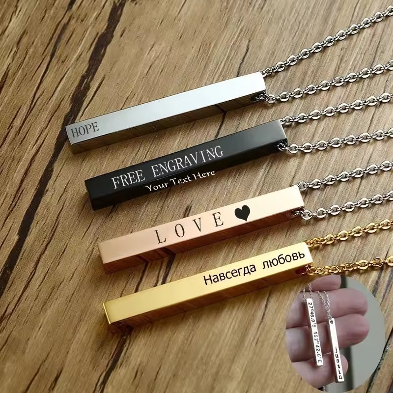 SISSLIA Customized Logo Rectangle 3D Bar Pendant Necklace Men Stainless Steel 18k Gold Necklace Jewelry