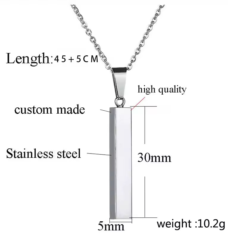 SISSLIA Customized Logo Rectangle 3D Bar Pendant Necklace Men Stainless Steel 18k Gold Necklace Jewelry