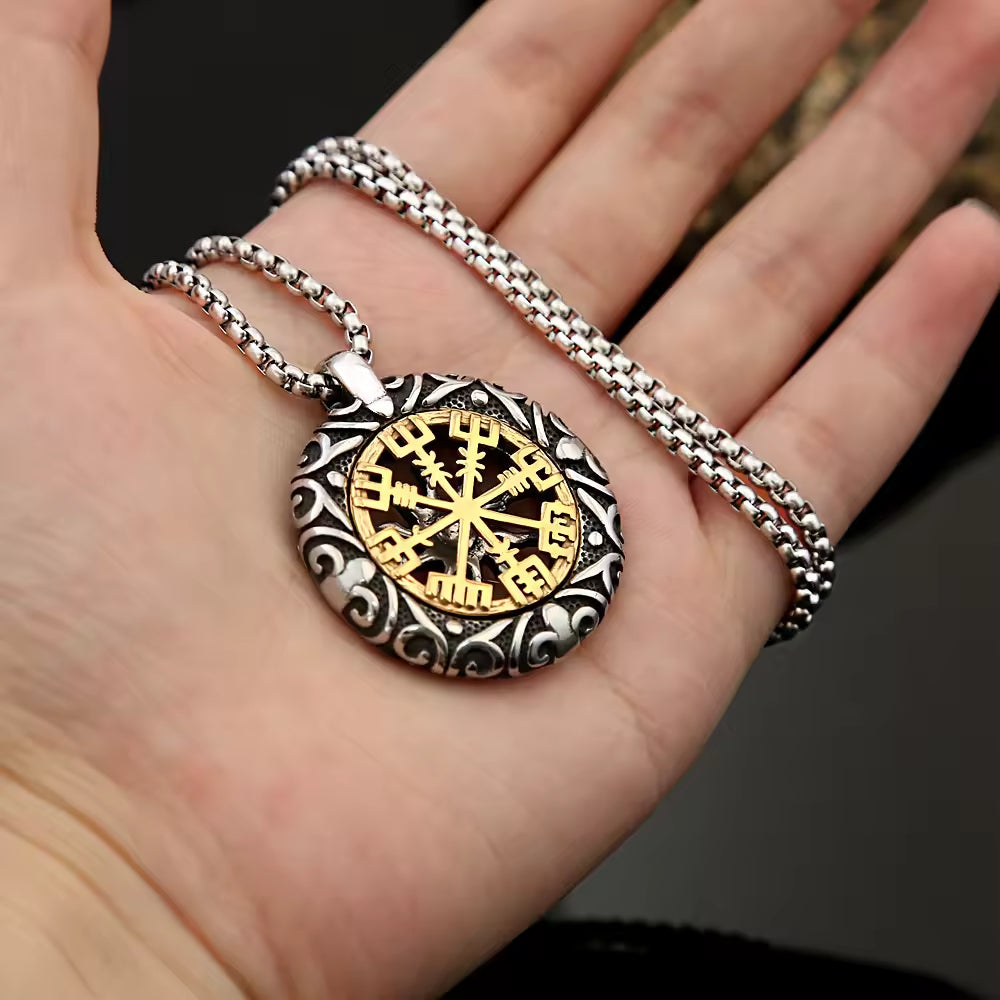 SISSLIA Norse Rune Vikings Compass Trident Necklaces Vintage Men Stainless Steel Hollow Out Sun Amulet Pendant Jewelry
