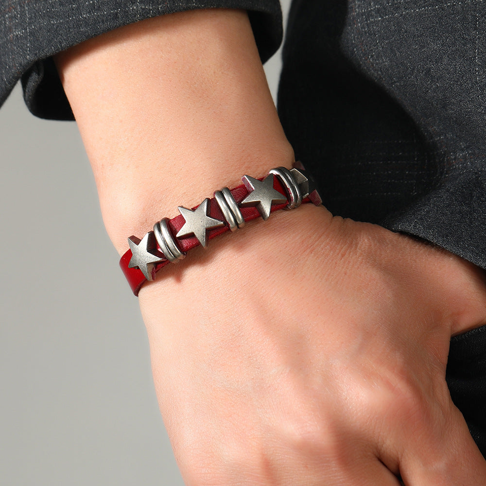 SISSLIA Punk Skull Star Bracelet Personality PU Leather Three Rows Spikes Square Stud Bracelets Bangle For Women Man
