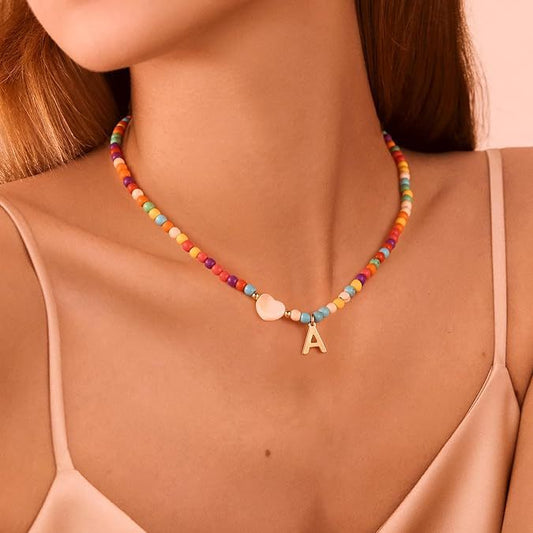 SISSLIA Colorful Initial Cute Necklaces for Girls Trendy Beaded Choker Necklace for Women Teen Girl Handmade Letter Choker Jewelry