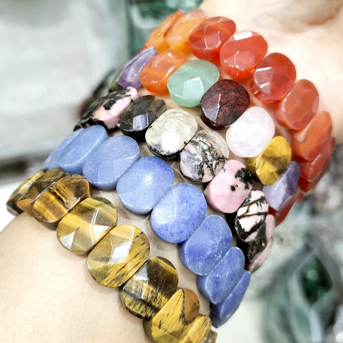 SISSLIA Natural Stone Square Beads Strand Bracelet Healing Crystals Amethyst Faceted Bead Bangles for Women Men Reiki Gems Jewelry