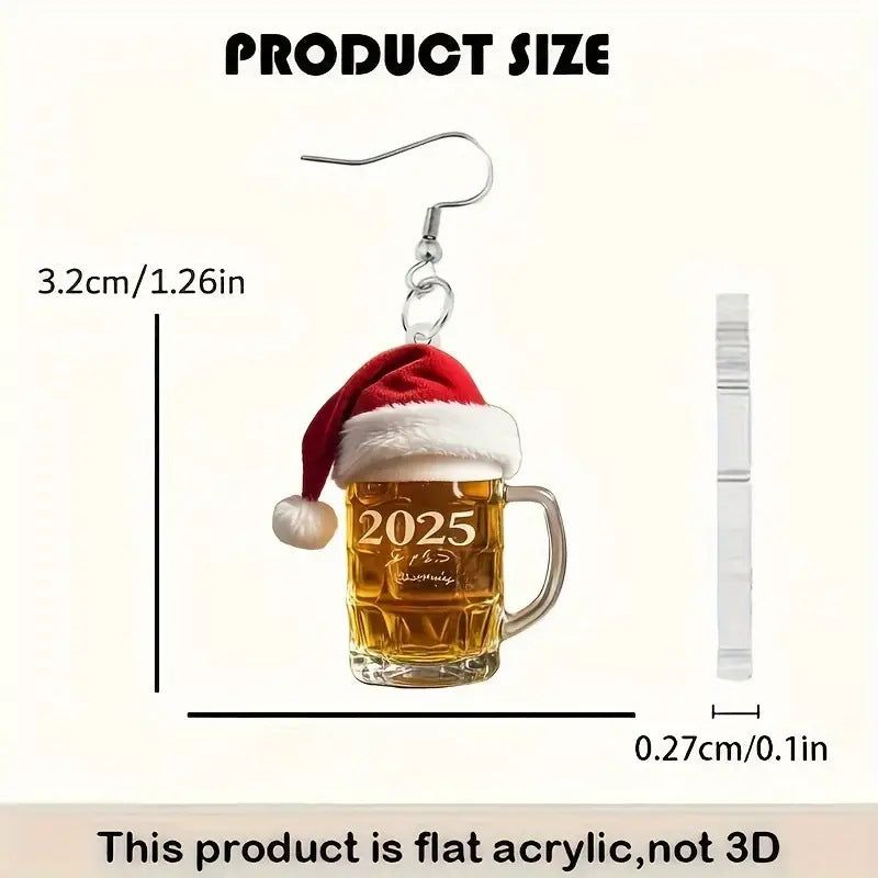 SISSLIA New Fashion Red Christmas Hat Number 2025 Mug Coffee Cup Dangle Acrylic Earrings for Women Girls Festival Party Jewelry