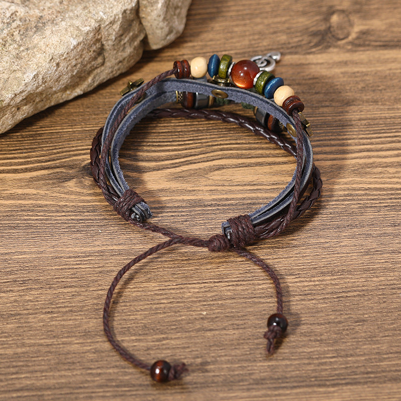 SISSLIA Trendy Handmade Weave Brown Leather Bracelet Metal Star Note Charms Wood Beads Bangle For Unisex Adjustable Bracelet