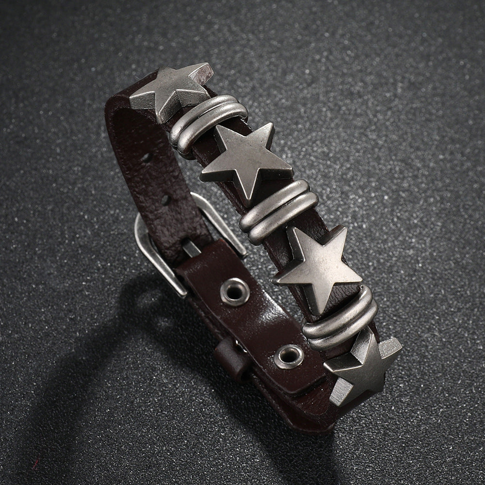 SISSLIA Punk Skull Star Bracelet Personality PU Leather Three Rows Spikes Square Stud Bracelets Bangle For Women Man