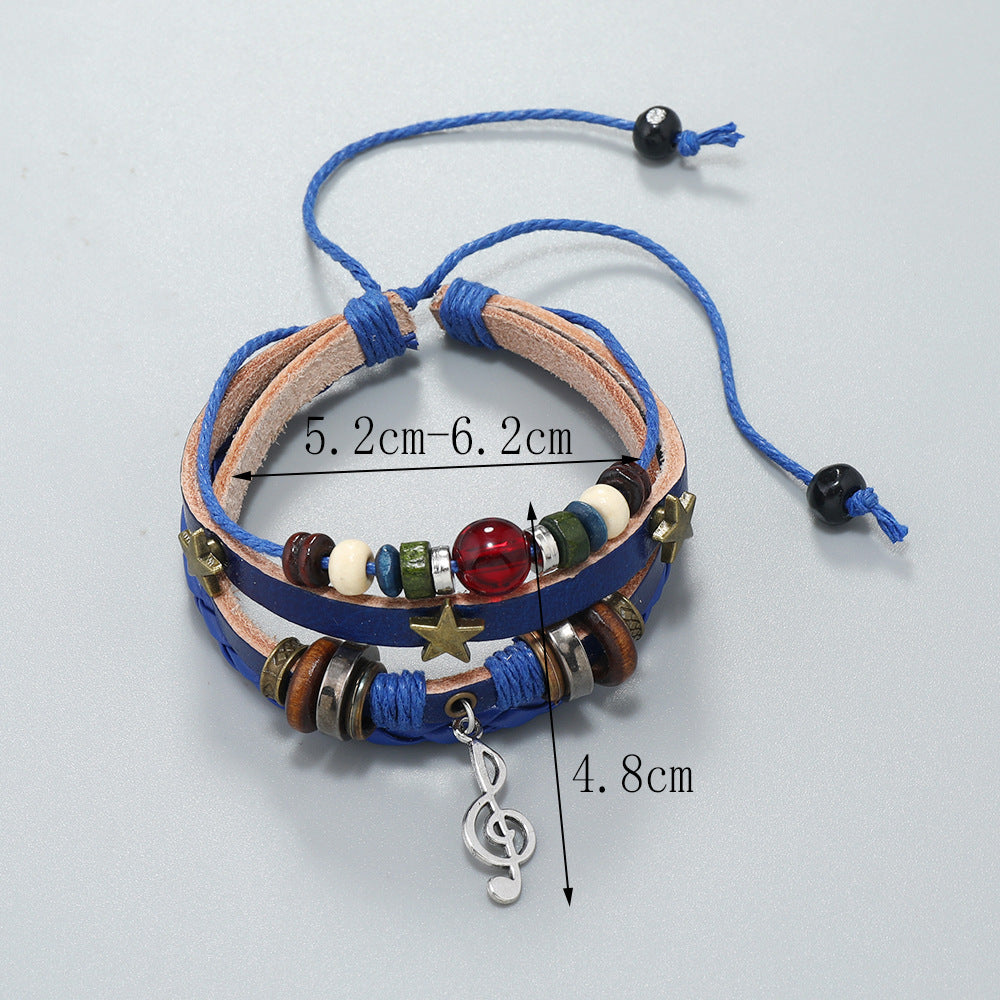 SISSLIA Trendy Handmade Weave Brown Leather Bracelet Metal Star Note Charms Wood Beads Bangle For Unisex Adjustable Bracelet