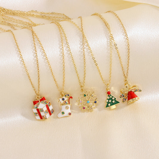 SISSLIA Christmas Santa Claus Tree Festival Element Necklace Simple New Micro-Inlaid Oil-Dripping Pendant Jewelry Necklace