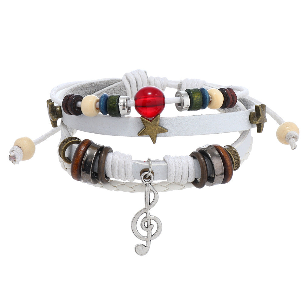 SISSLIA Trendy Handmade Weave Brown Leather Bracelet Metal Star Note Charms Wood Beads Bangle For Unisex Adjustable Bracelet