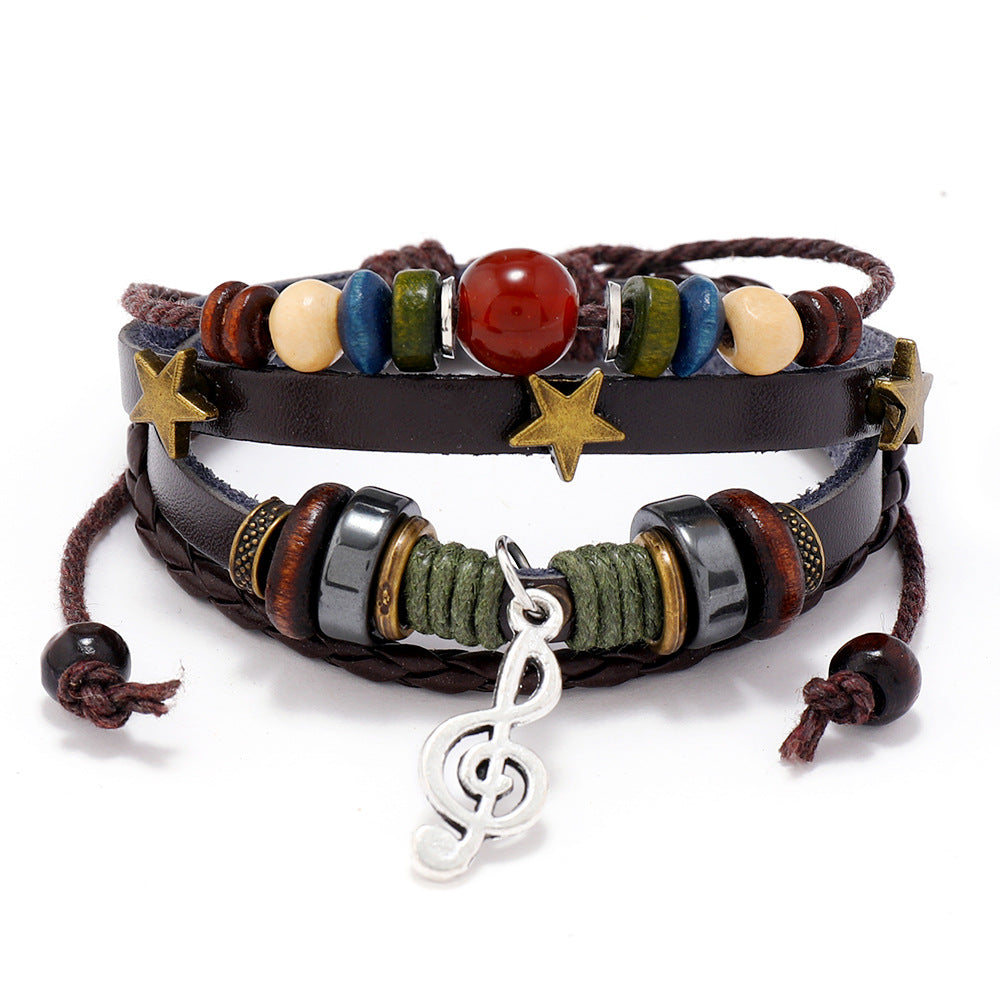 SISSLIA Trendy Handmade Weave Brown Leather Bracelet Metal Star Note Charms Wood Beads Bangle For Unisex Adjustable Bracelet