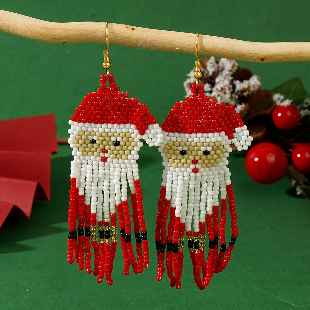 SISSLIA Beaded earrings Tassel Originality Christmas Santa Claus Design Hand knitting Bohemia Alloy Tide Simple Rice bead earrings