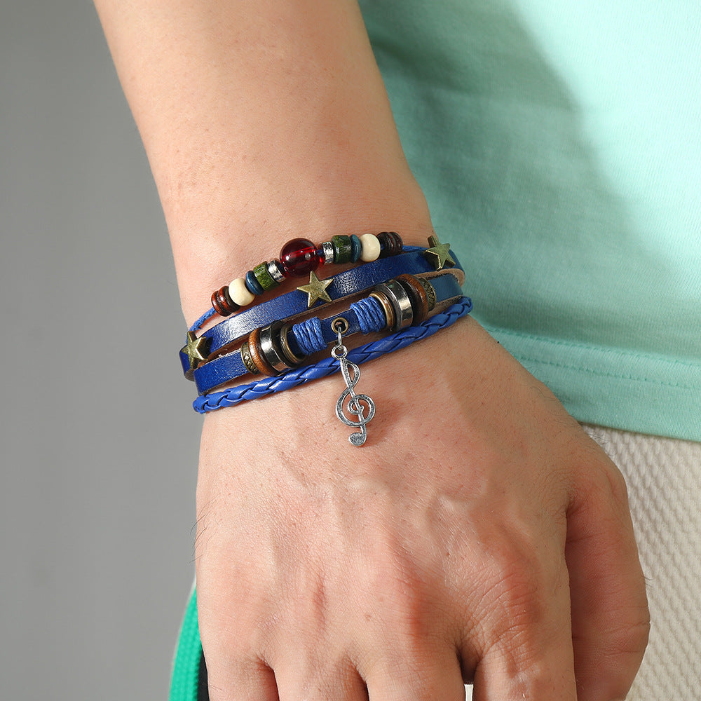 SISSLIA Trendy Handmade Weave Brown Leather Bracelet Metal Star Note Charms Wood Beads Bangle For Unisex Adjustable Bracelet