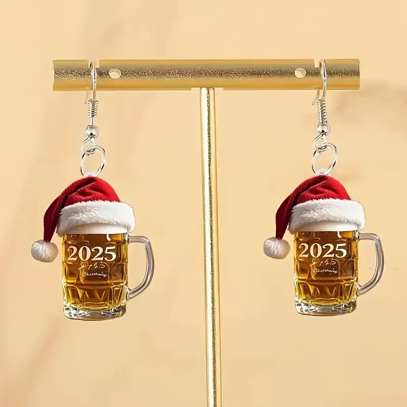 SISSLIA New Fashion Red Christmas Hat Number 2025 Mug Coffee Cup Dangle Acrylic Earrings for Women Girls Festival Party Jewelry